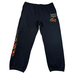 Y2K Teddy Fresh Black Rhinestone Rose Flame Embroidered Sweatpants Men's 3XL